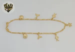 (1-0110) Gold Laminate - 2.5mm Figaro Link Beach Charms Anklet - 10 - BGF