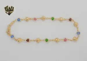 (1-0133-1) Gold Laminate - 6mm Multicolor Hearts Anklet - 9.5 - BGF