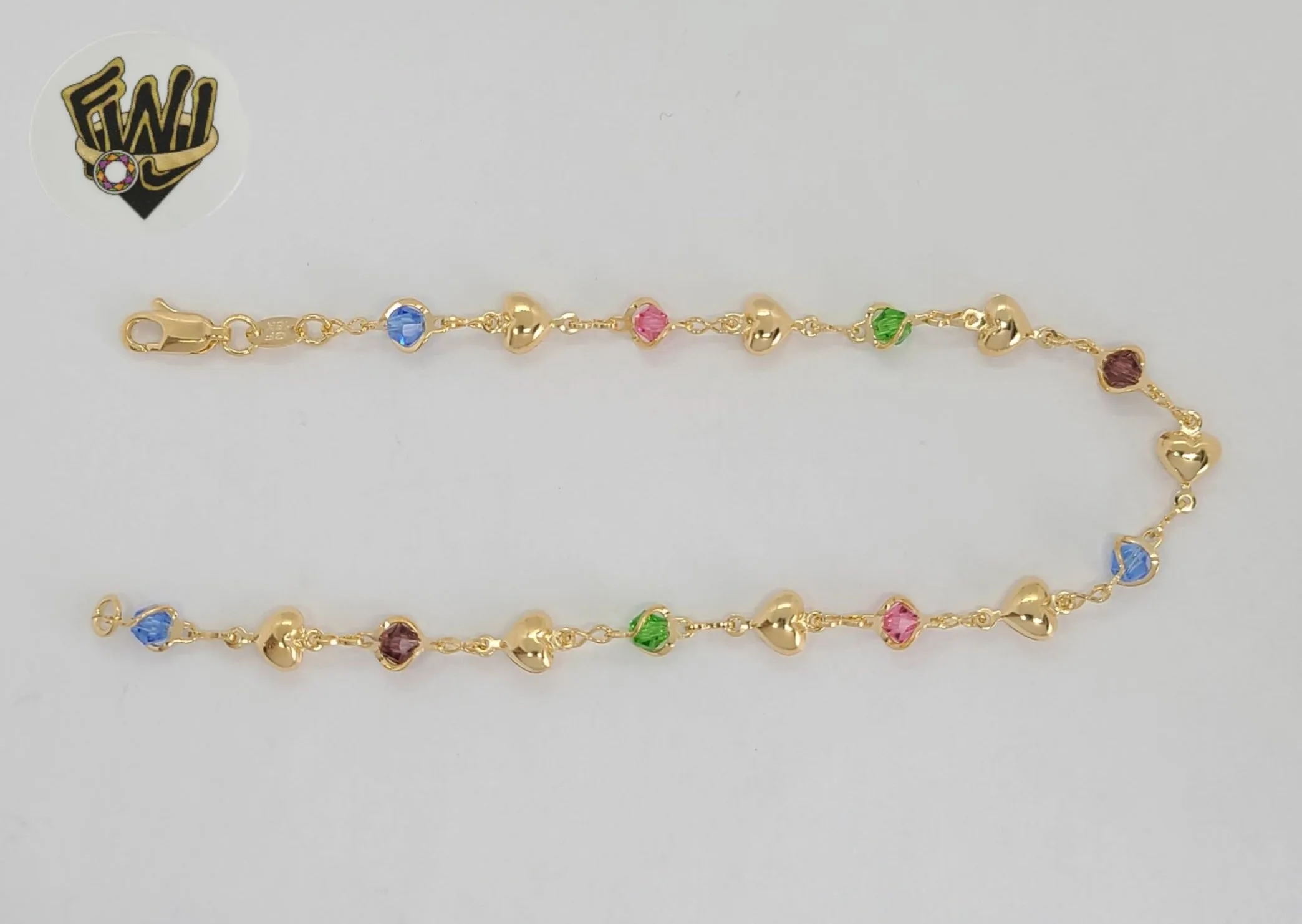 (1-0133-1) Gold Laminate - 6mm Multicolor Hearts Anklet - 9.5 - BGF