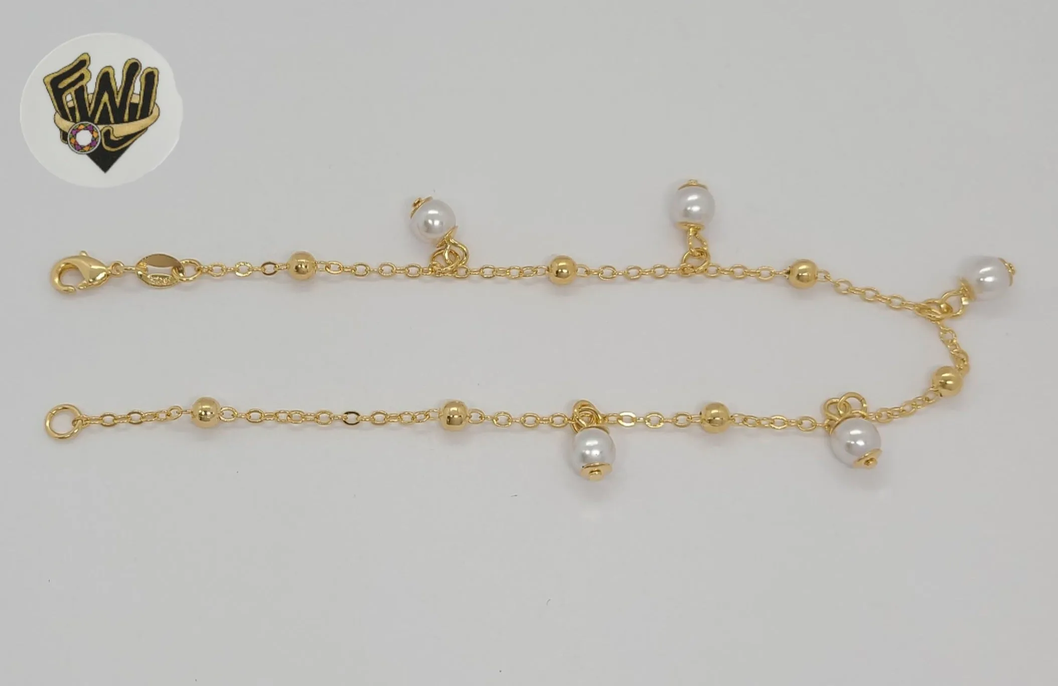 (1-0235) Gold Laminate - 1.5mm Link Pearls Anklet - 9.5 - BGF