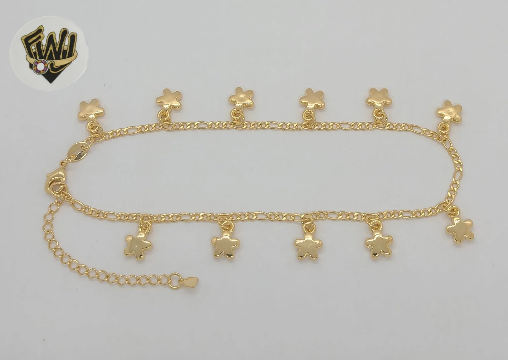 (1-0259) Gold Laminate - 2mm Figaro Link Flowers Anklet - 9.5 - BGF