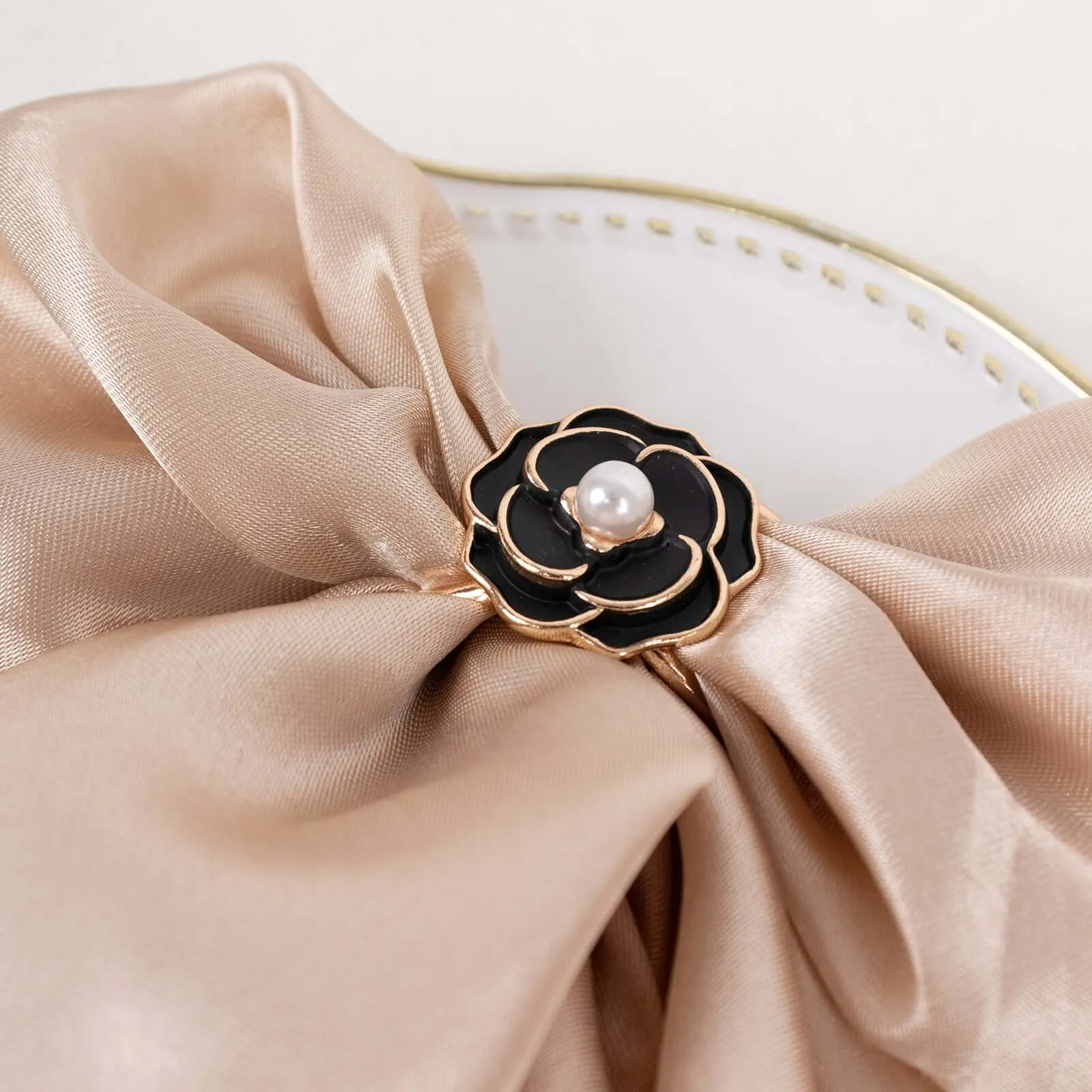 10 Pack Black Pearl Floral Metal Chair Sash Bow Pins with Gold Rim, 3D Rose Shaped Scarf Buckle Napkin Rings