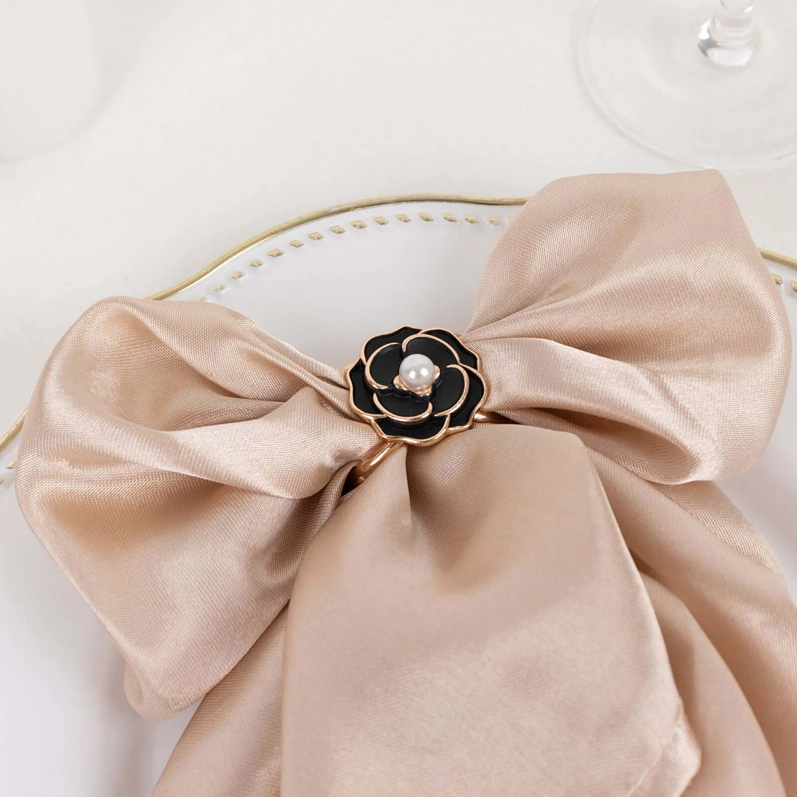 10 Pack Black Pearl Floral Metal Chair Sash Bow Pins with Gold Rim, 3D Rose Shaped Scarf Buckle Napkin Rings