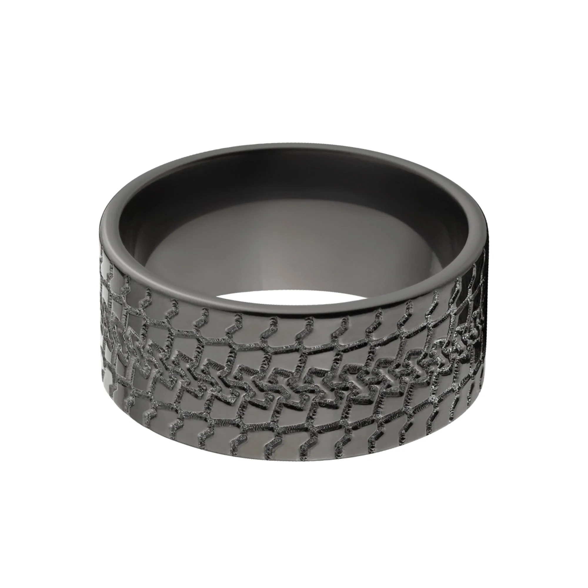 10mm Black Zirconium Ring with Tire Tread Design - Men's Wedding Band