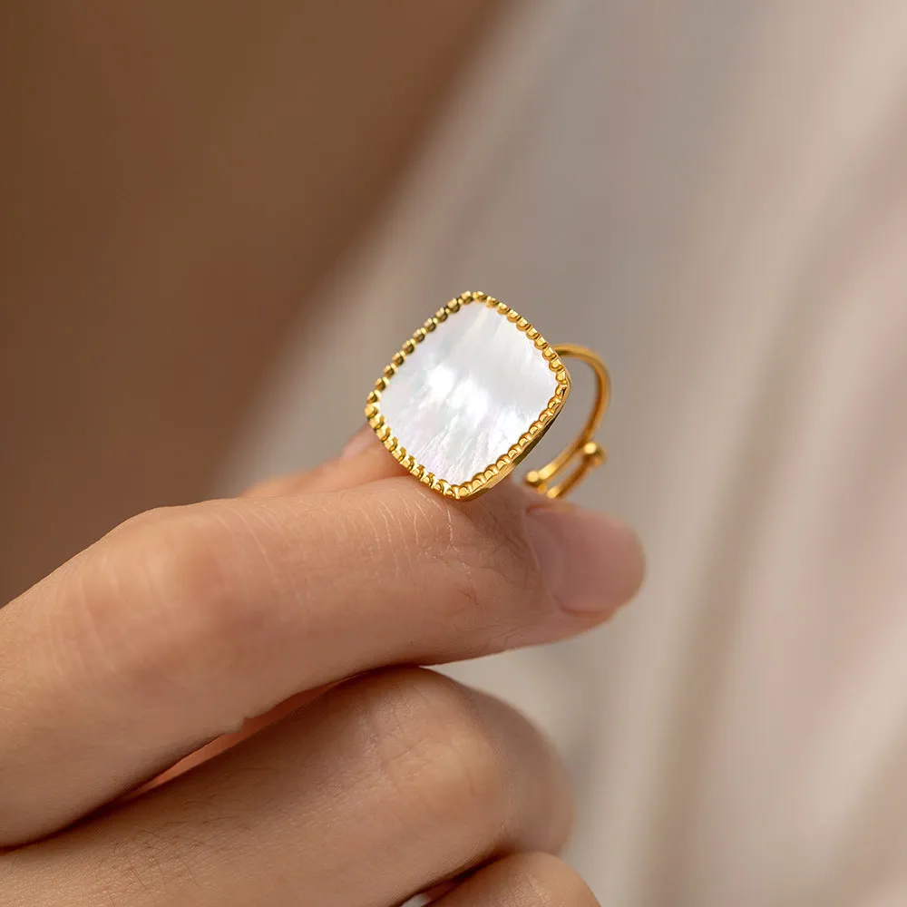 18K Gold Fashion Simple Inlaid White Mother-of-Pearl Open Ring