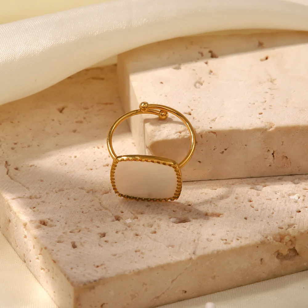 18K Gold Fashion Simple Inlaid White Mother-of-Pearl Open Ring