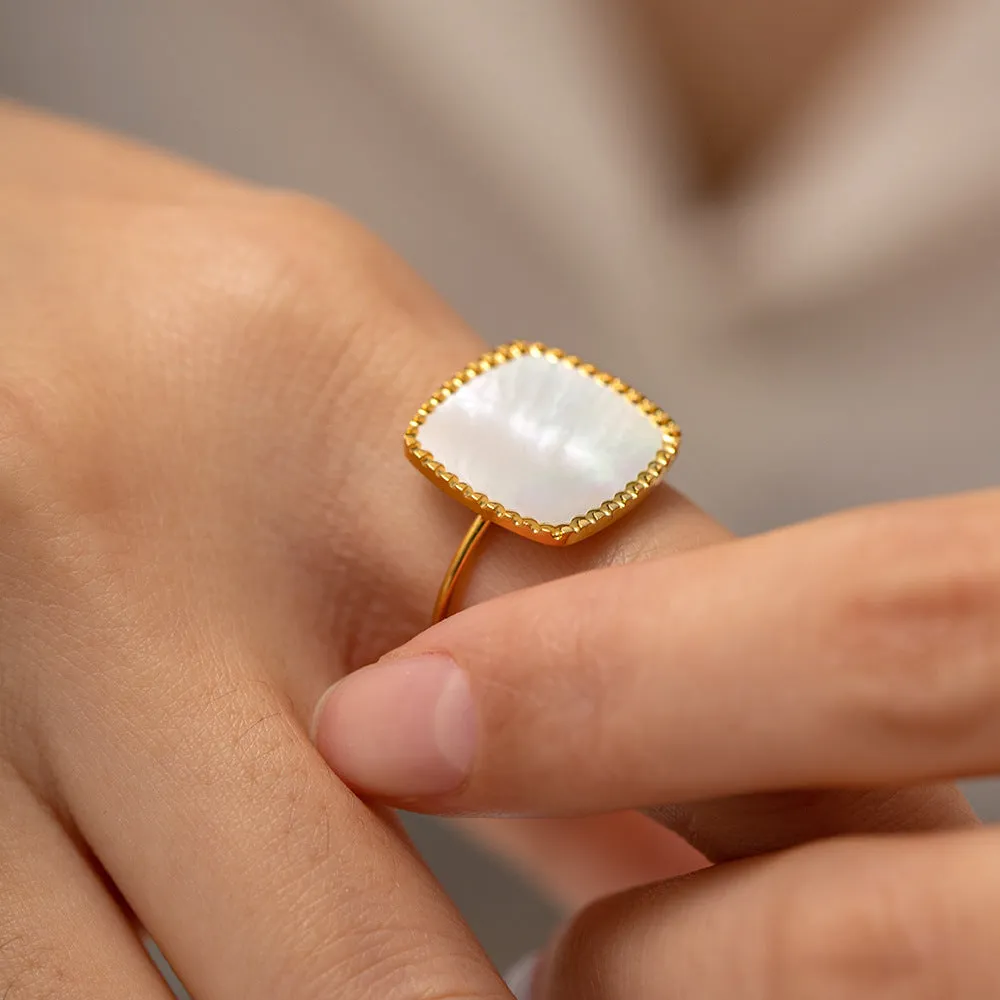 18K Gold Fashion Simple Inlaid White Mother-of-Pearl Open Ring