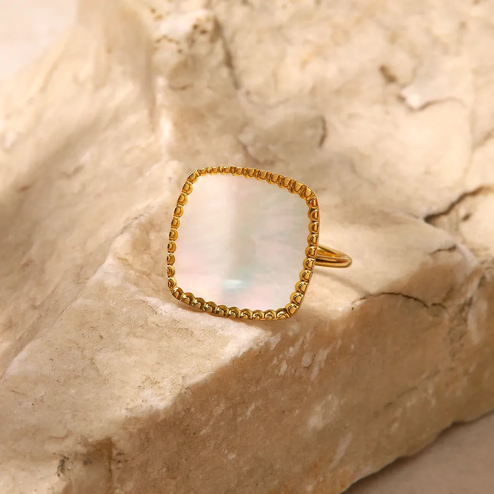 18K Gold Fashion Simple Inlaid White Mother-of-Pearl Open Ring