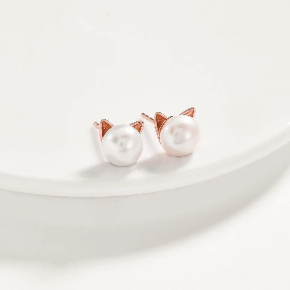 18K Rose Plated Classic Fresh Water Pearl Pave Stud Earrings