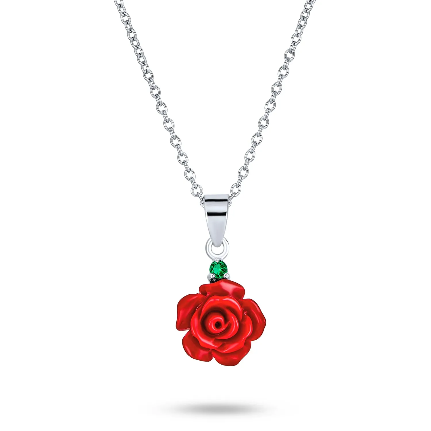 3D Carved Red Pink Rose Flower Pendant Necklace .925 Sterling Silver