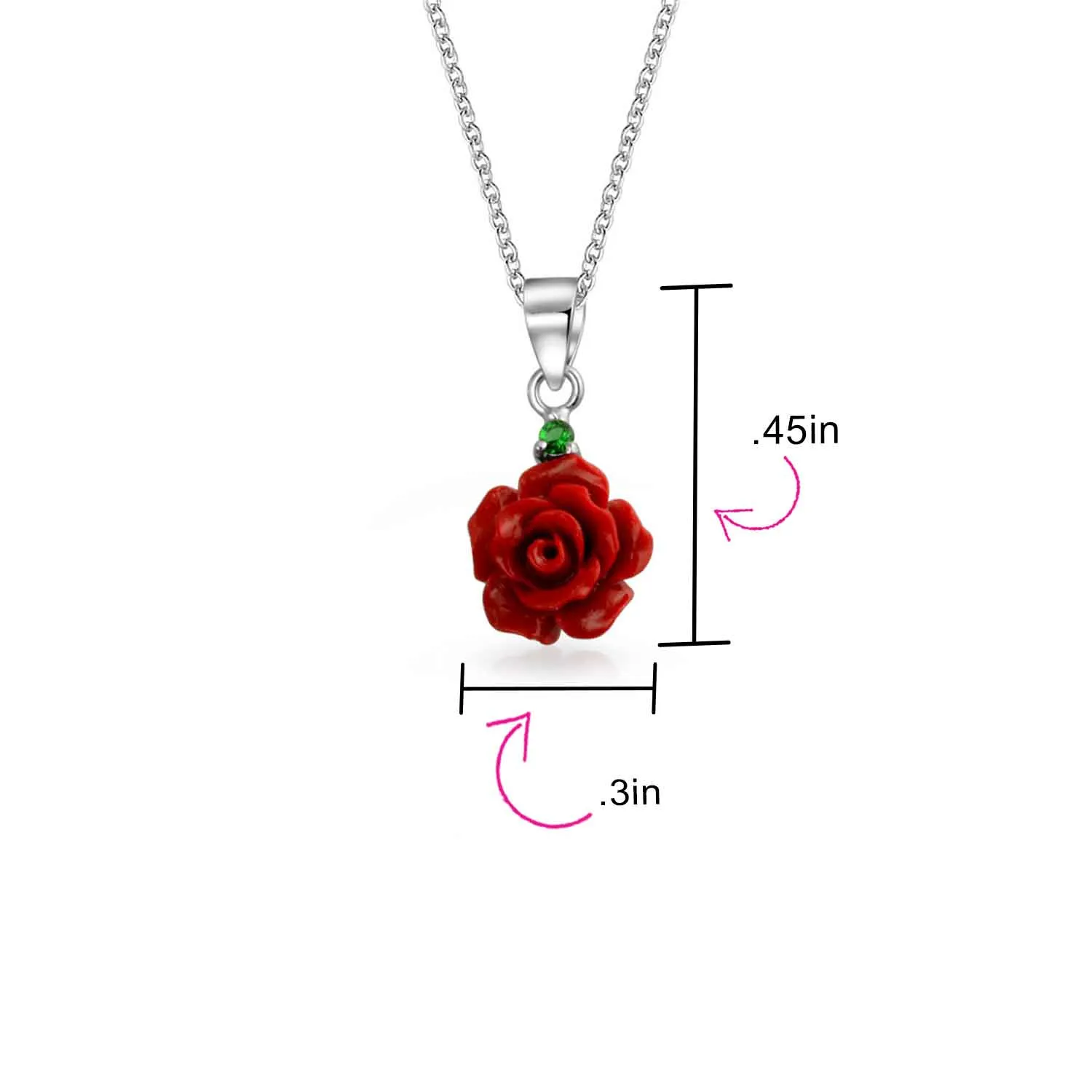 3D Carved Red Pink Rose Flower Pendant Necklace .925 Sterling Silver