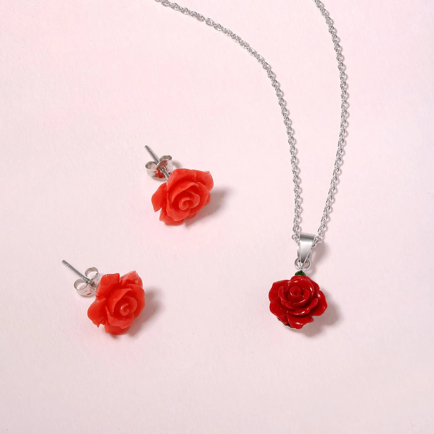 3D Carved Red Pink Rose Flower Pendant Necklace .925 Sterling Silver