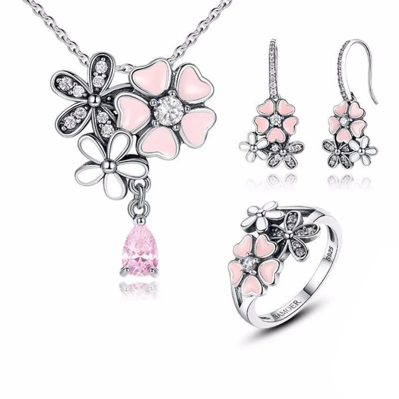 925 Sterling Silver Pink Cherry Flower Blossom Jewelry Sets