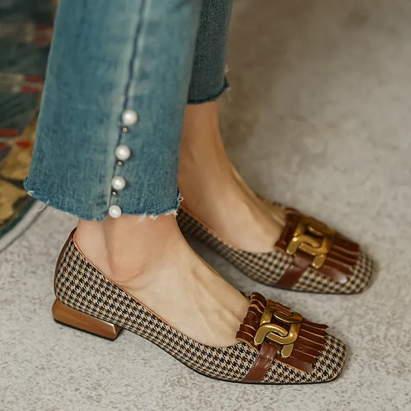 Amozae-  Low Heel Pumps Casual Women's Shoes 2024 Autumn Vintage Plaid Tassel Ladies Shoes Slip-on Loafers Female Flat Single Shoes