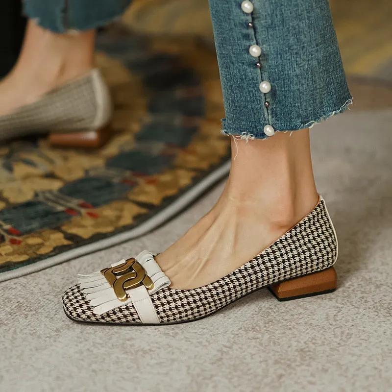 Amozae-  Low Heel Pumps Casual Women's Shoes 2024 Autumn Vintage Plaid Tassel Ladies Shoes Slip-on Loafers Female Flat Single Shoes