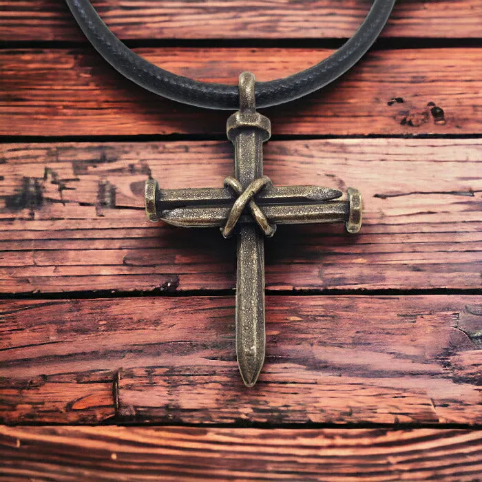 Antique Nail Cross Necklace In brass