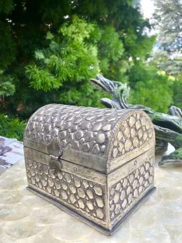 Antique Signed Silver Tone Repousse Embossed Metal Jewelry Box Treasure Chest