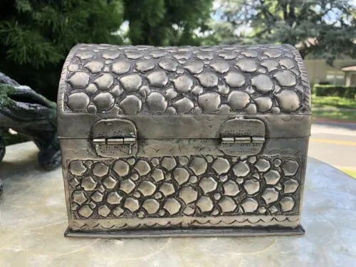 Antique Signed Silver Tone Repousse Embossed Metal Jewelry Box Treasure Chest