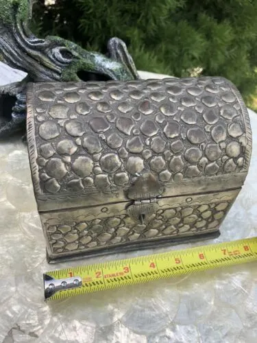 Antique Signed Silver Tone Repousse Embossed Metal Jewelry Box Treasure Chest