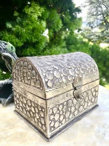 Antique Signed Silver Tone Repousse Embossed Metal Jewelry Box Treasure Chest