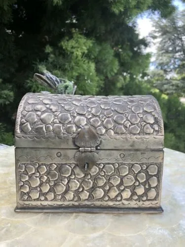 Antique Signed Silver Tone Repousse Embossed Metal Jewelry Box Treasure Chest