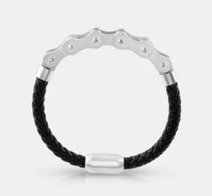 Braided Leather, Stainless Steel Bike Motorcycle Chain Bracelet - Silver