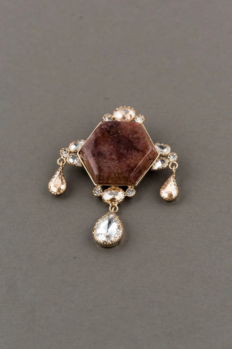 Brown Resin And Crystal Brooch