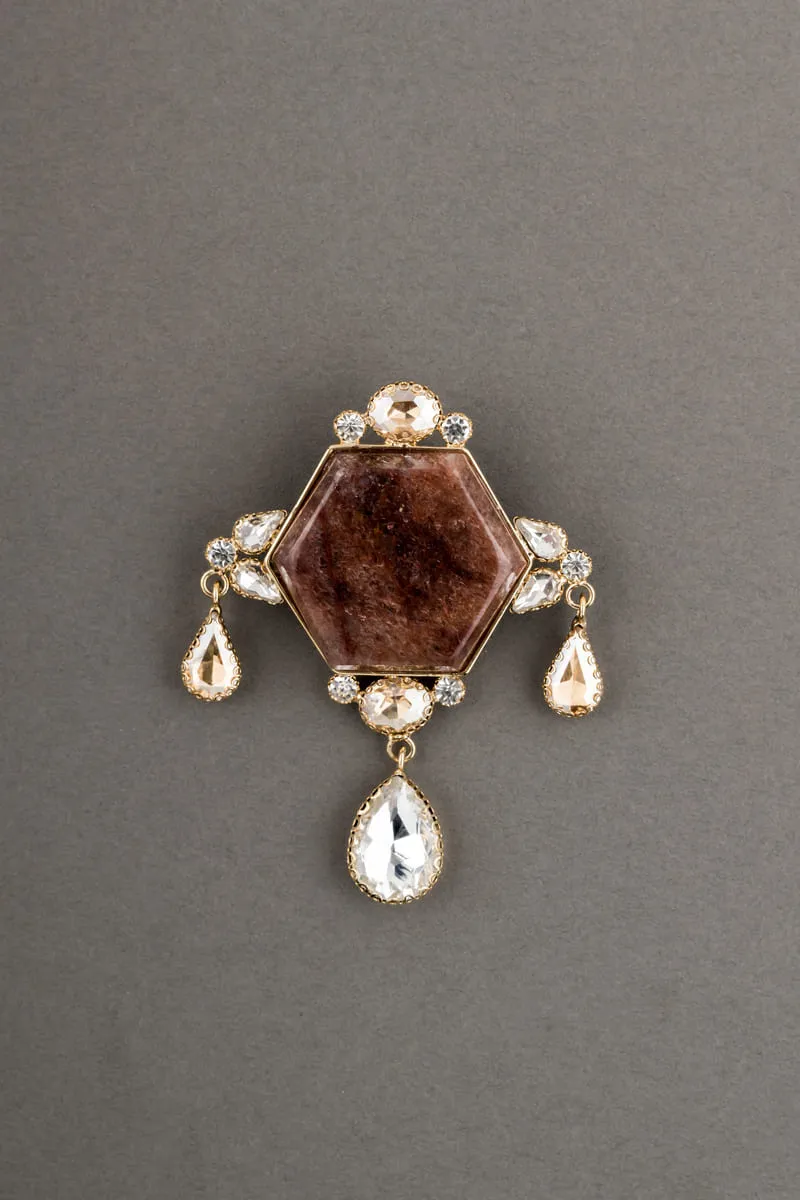 Brown Resin And Crystal Brooch