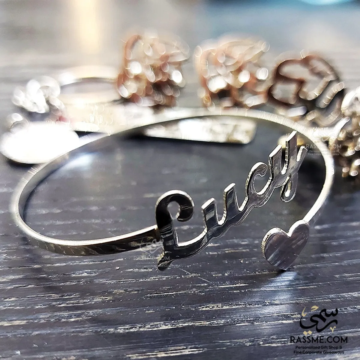 Custom Arabic / English Name Bangle Bracelet With Heart