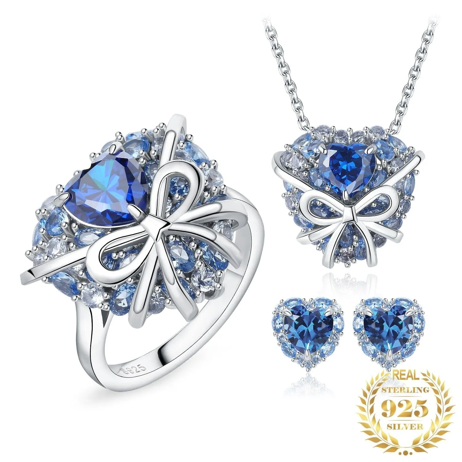 Fashion Bowknot Love Heart Blue Aquamarine Jewelry Set - 925 Sterling Silver