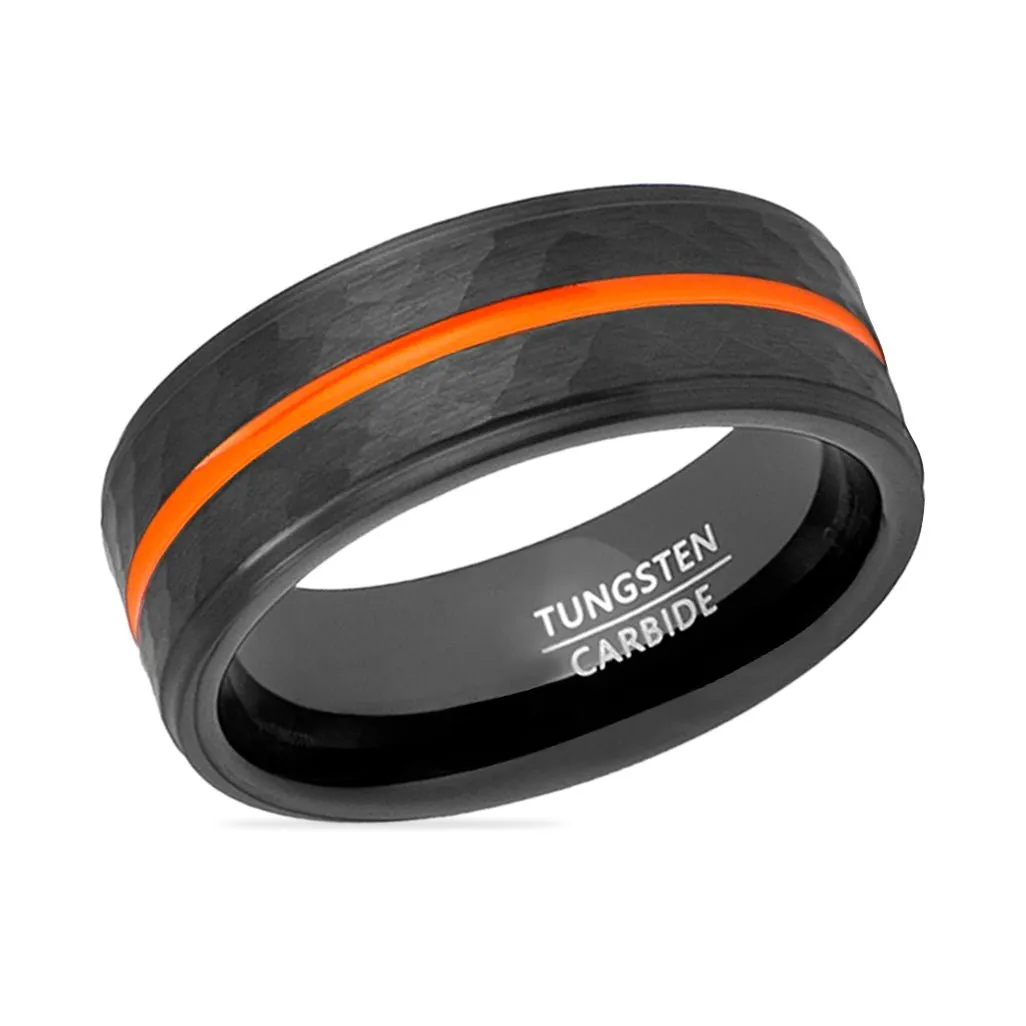 FIERCE | Black Tungsten Ring, Hammered, Orange Groove, Stepped Edge