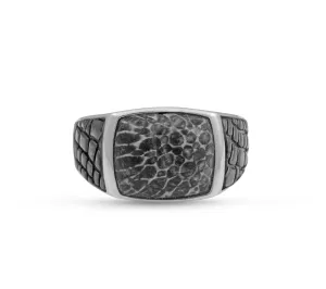 Fossil Agate Stone Signet Ring in Black Rhodium Plated Sterling Silver