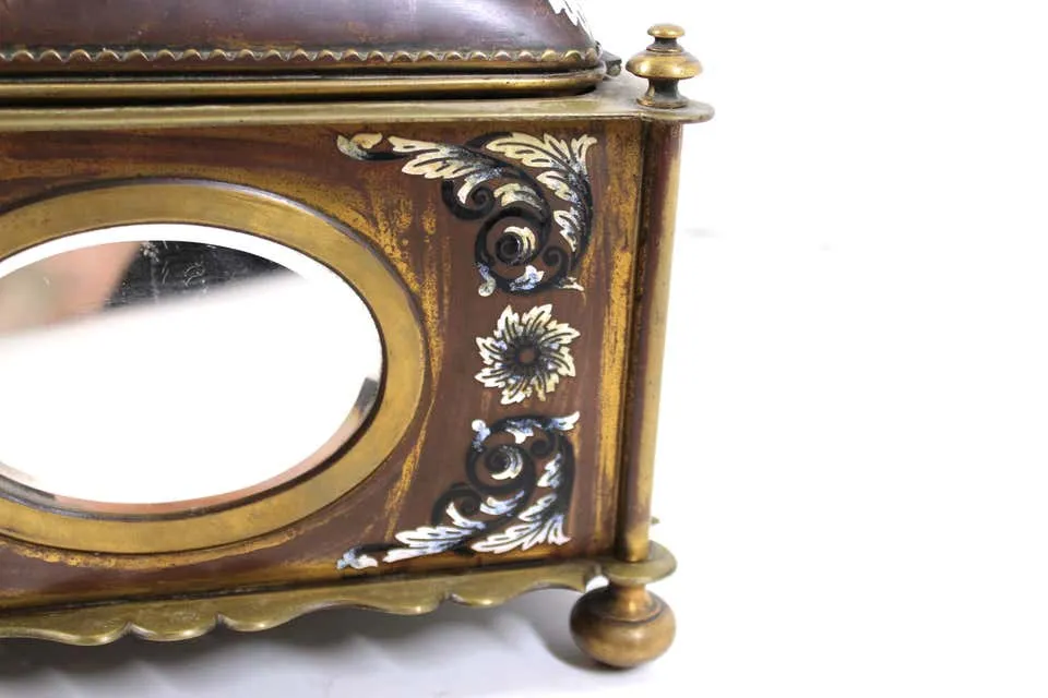 French Renaissance Revival Champleve Enamel Jewelry Box with Oval Mirror Inserts