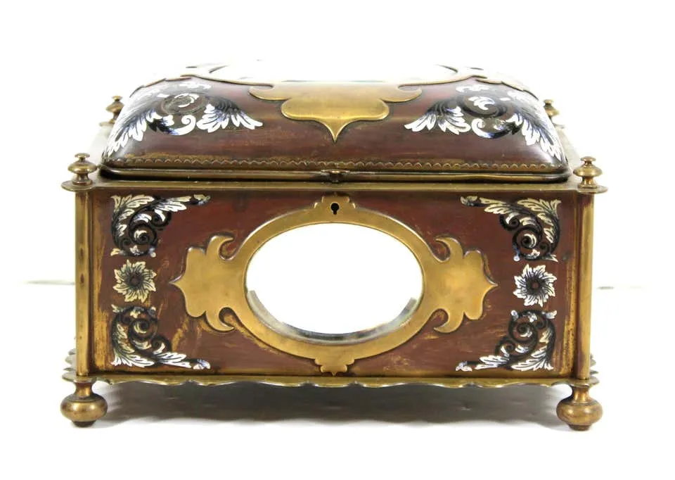 French Renaissance Revival Champleve Enamel Jewelry Box with Oval Mirror Inserts