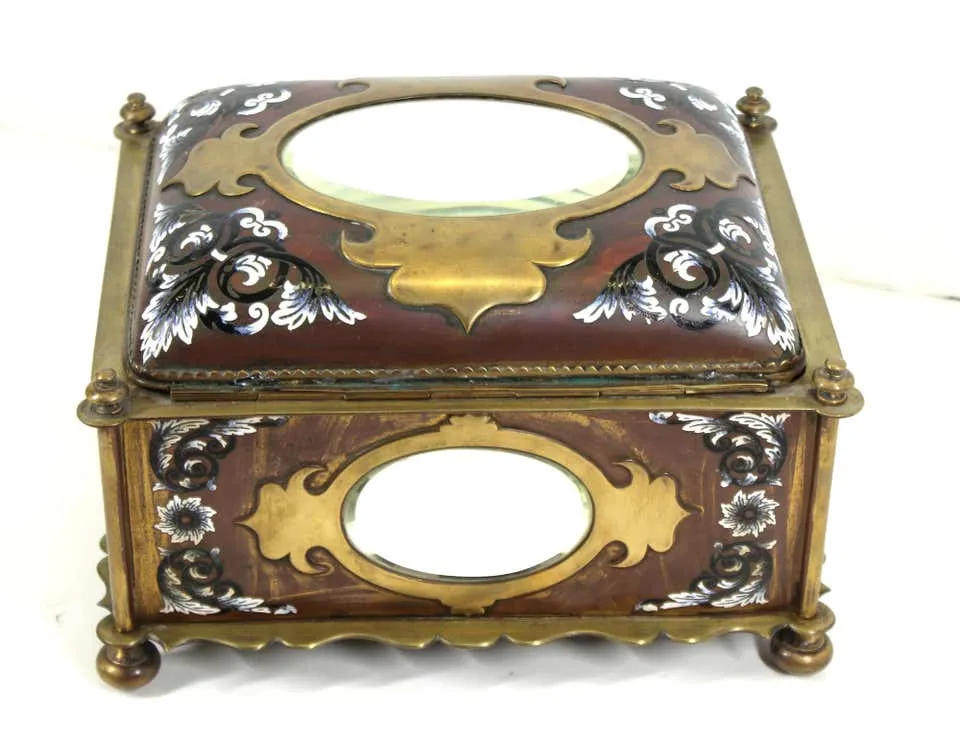 French Renaissance Revival Champleve Enamel Jewelry Box with Oval Mirror Inserts