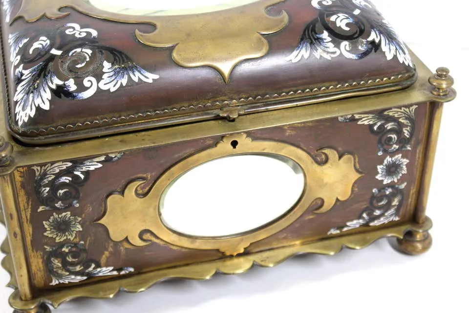 French Renaissance Revival Champleve Enamel Jewelry Box with Oval Mirror Inserts