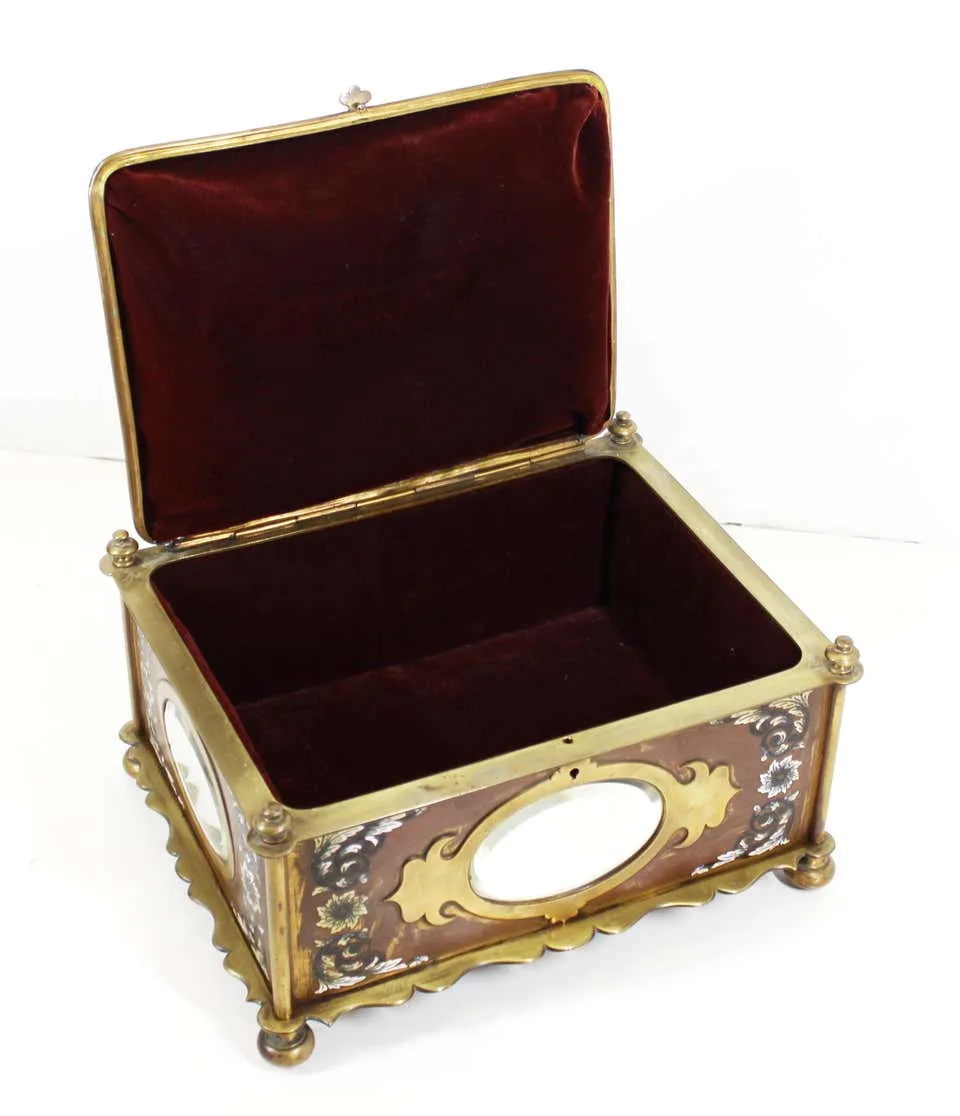 French Renaissance Revival Champleve Enamel Jewelry Box with Oval Mirror Inserts