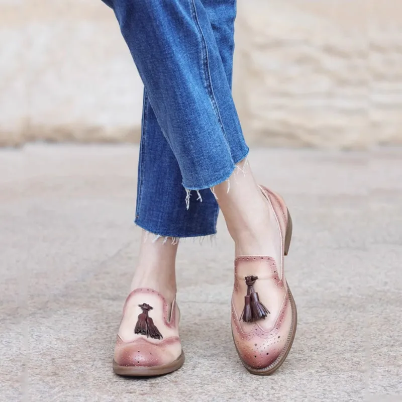 Full Grain Leather Tassel Brogue Loafers For Women W Toe In Black/Apricot