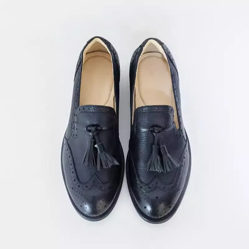 Full Grain Leather Tassel Brogue Loafers For Women W Toe In Black/Apricot