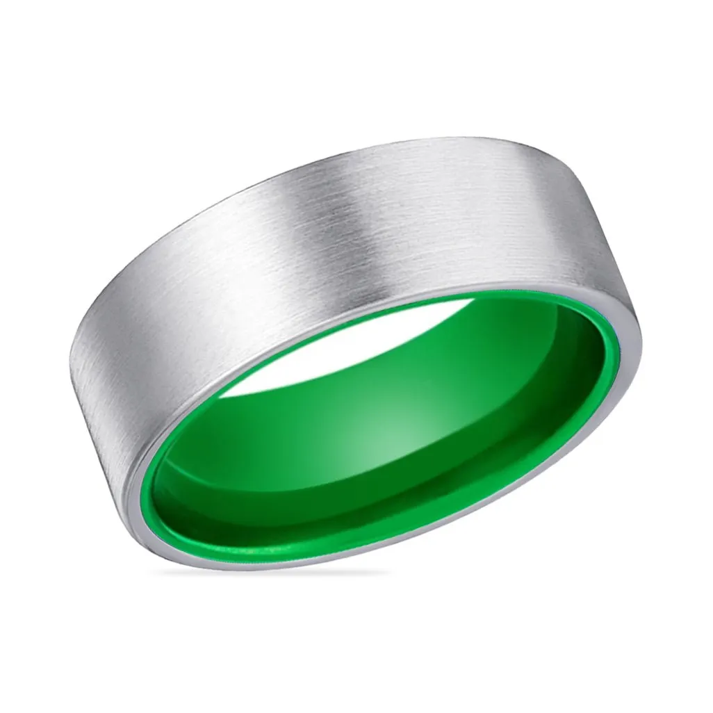 GIANT | Green Ring, Silver Tungsten Ring, Brushed, Flat