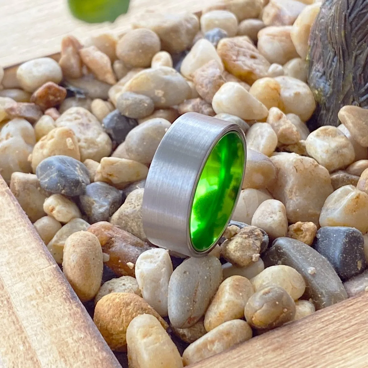 GIANT | Green Ring, Silver Tungsten Ring, Brushed, Flat