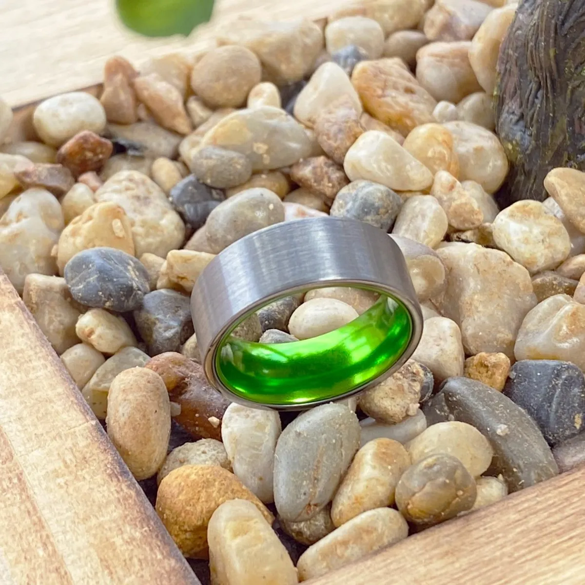 GIANT | Green Ring, Silver Tungsten Ring, Brushed, Flat