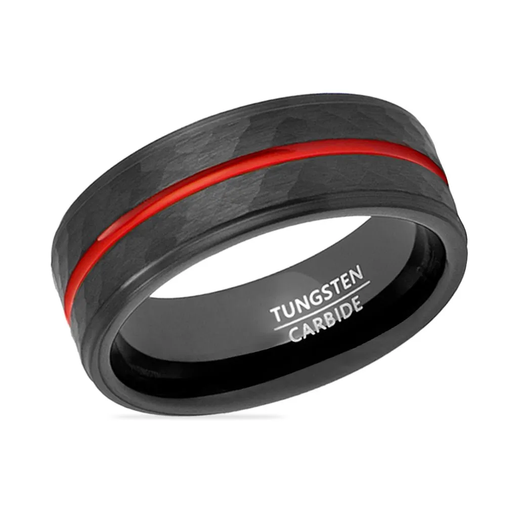 GLADIATOR | Black Tungsten Ring, Hammered, Red Groove, Stepped Edge