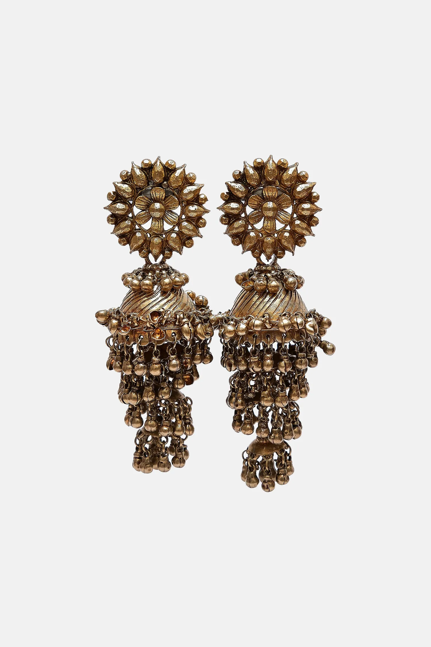 Gold Polished Flower Motif Three Layered Jhumkis