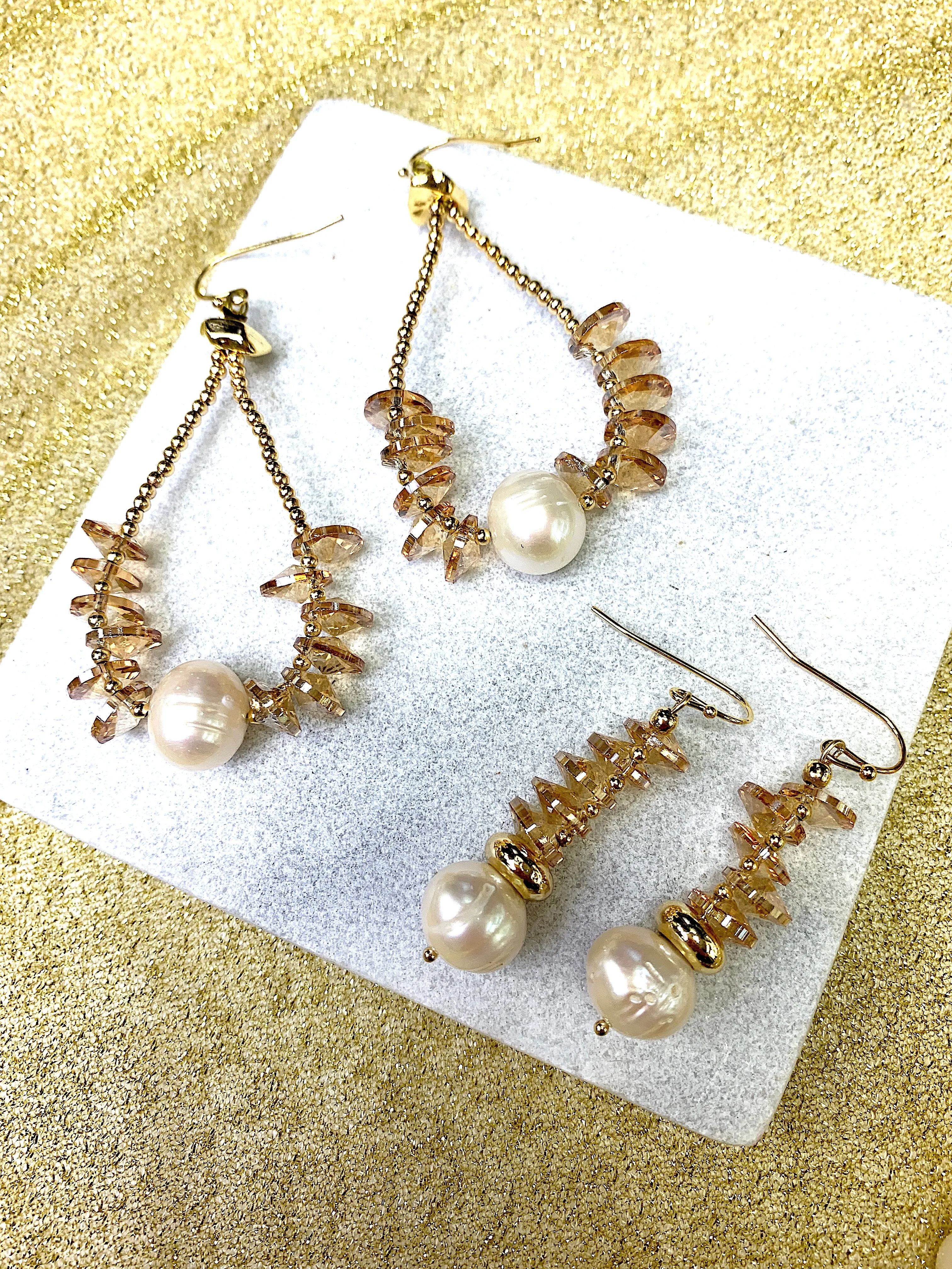 Golden Crystals & Freshwater Pearl Hook Earrings FE026