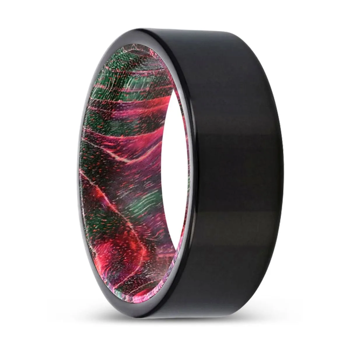 GOOSEBERRY | Green & Red Wood, Black Tungsten Ring, Shiny, Flat