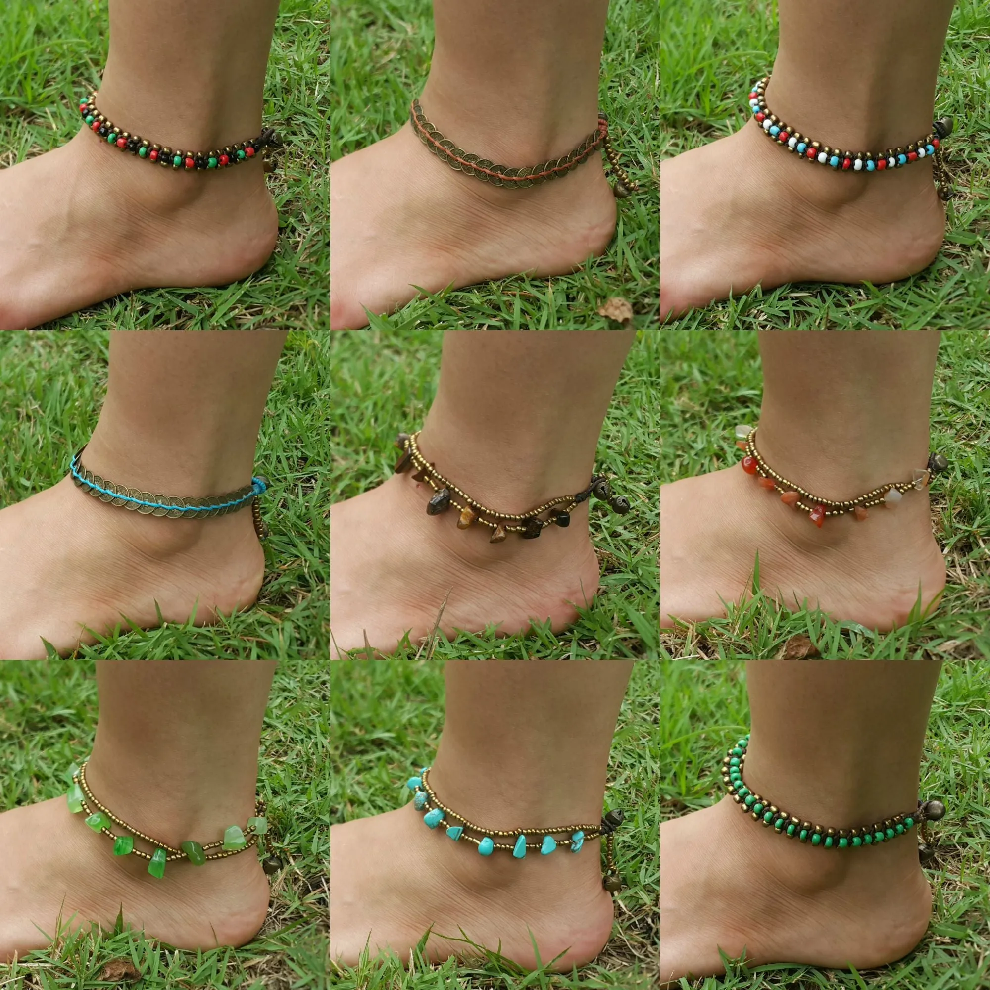 Hand Made Fair Trade Anklet Double Strand Brass Beads Green