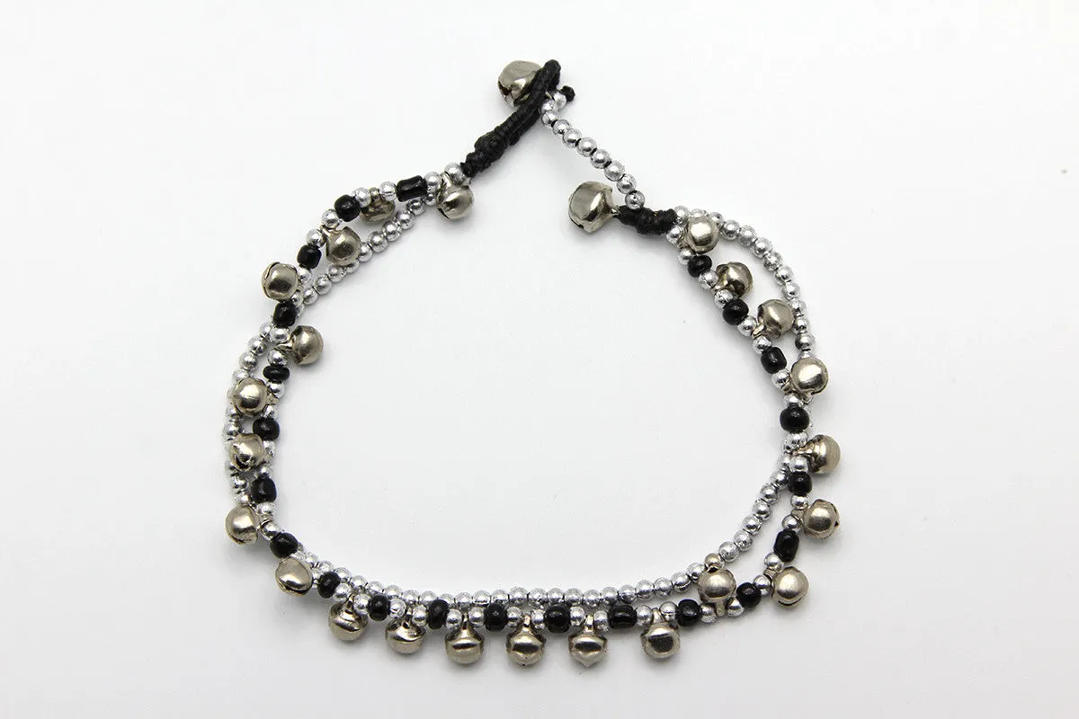 Hand Made Fair Trade Anklet Double Strand Silver Beads Black