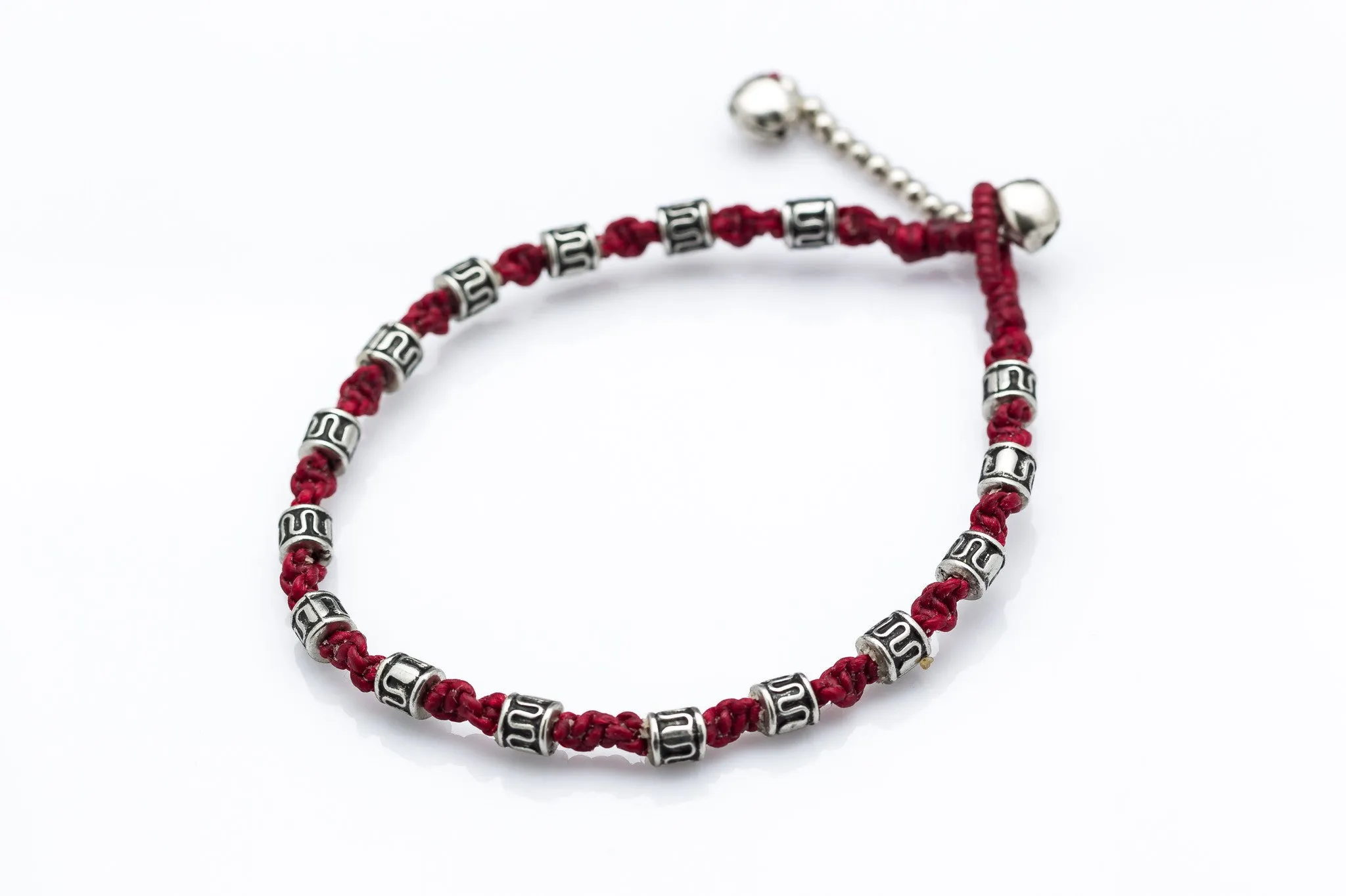 Hand Made Fair Trade Anklet Waxed Cotton Silver Beads Maroon