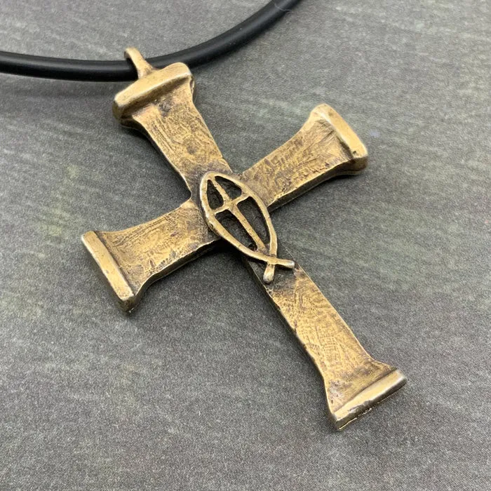 Horse Nails Cross Fish Antique Brass Finish Necklace